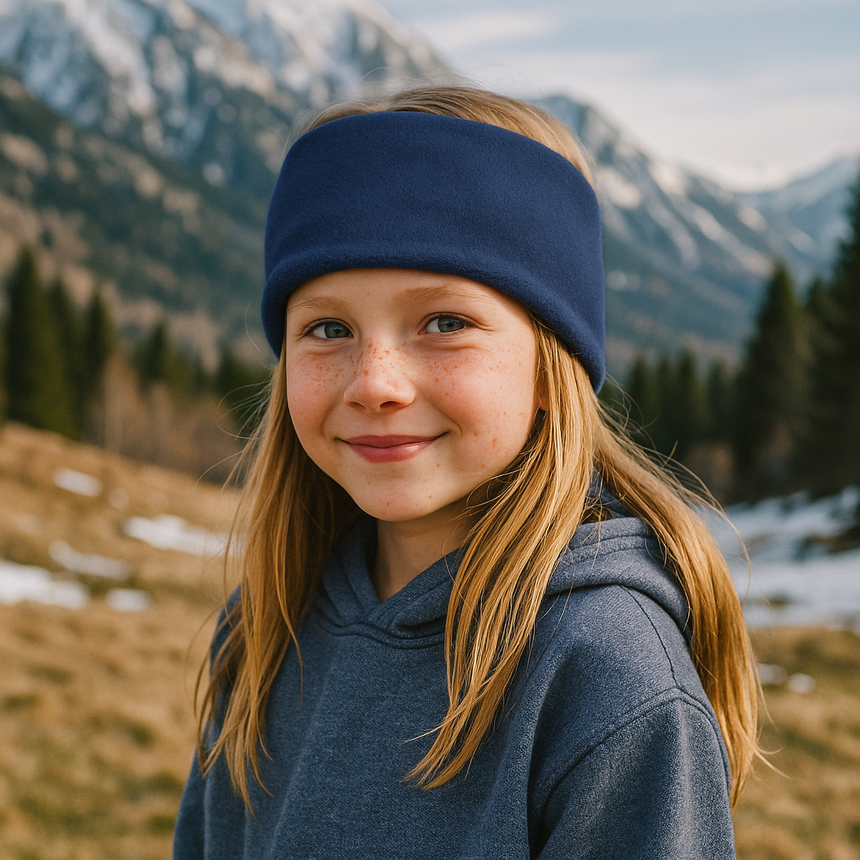 Mädchen trägt Wollhuhn Elastisches Öko Stirnband Fleece Zweilagig Breit Einfarbig Dunkelblau, ideal für kalte Tage. Hintergrund: schneebedeckte Berge und Nadelbäume.