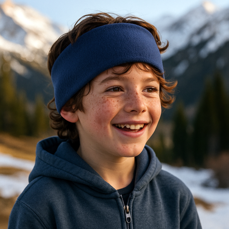Junge trägt Wollhuhn Elastisches Öko Stirnband, dunkelblau, aus zweilagigem Fleece, ideal für kalte Tage. Handgefertigt in Deutschland, weich und dehnbar.