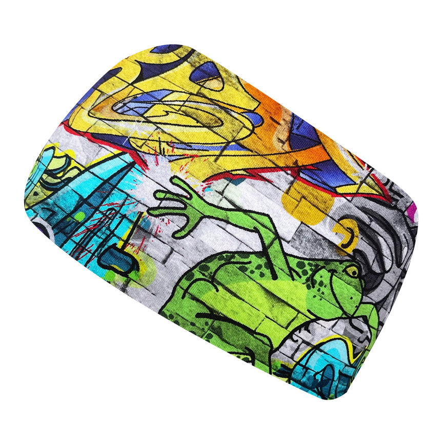 Wollhuhn Elastisches Öko Stirnband: Handgemachtes, buntes Jersey-Stirnband mit breitem, zweilagigem Design und lebhaftem Graffiti-Muster, ideal für vielseitige Anwendungen.