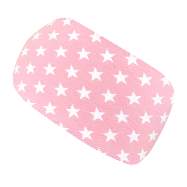 Wollhuhn Elastisches Öko Stirnband, rosa-weiß mit Sternen, handgemacht aus Bio-Baumwolle, ideal für diverse Aktivitäten und als modisches Accessoire.