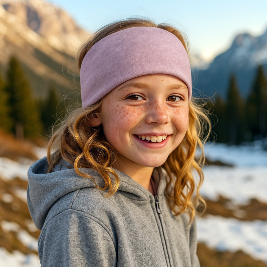 Kind trägt Wollhuhn elastisches Öko Stirnband aus altrosa Melange Fleece, ideal für kaltes Wetter, handgefertigt in Deutschland, schützt Ohren und passt unter Helme.