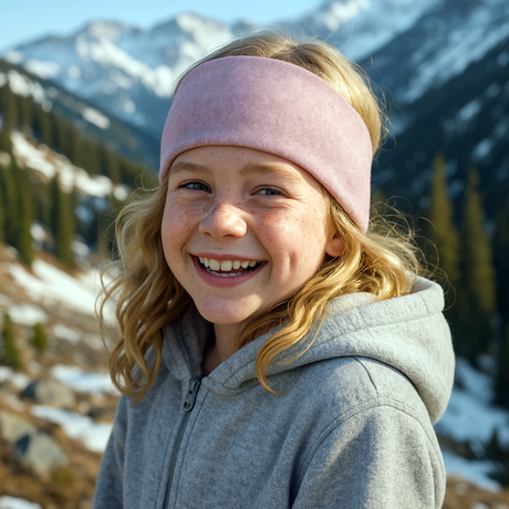 Kind mit blondem Haar trägt Wollhuhn Elastisches Öko Stirnband Fleece Zweilagig Breit Einfarbig Altrosa Melange, ideal gegen Wind und Wetter, handgefertigt in Deutschland.