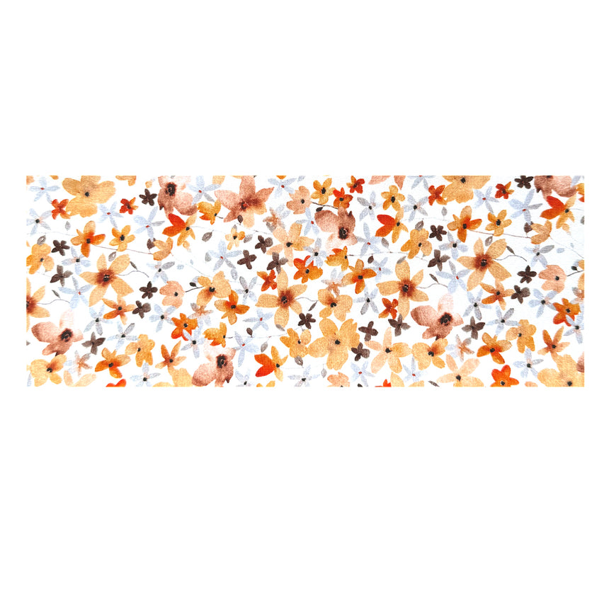 Wollhuhn Elastisches Öko Stirnband, zweilagig mit Aquarellblumenmuster, auf weißem Hintergrund, handgemacht aus weichem Jersey, ideal für vielseitige Anwendungen.
