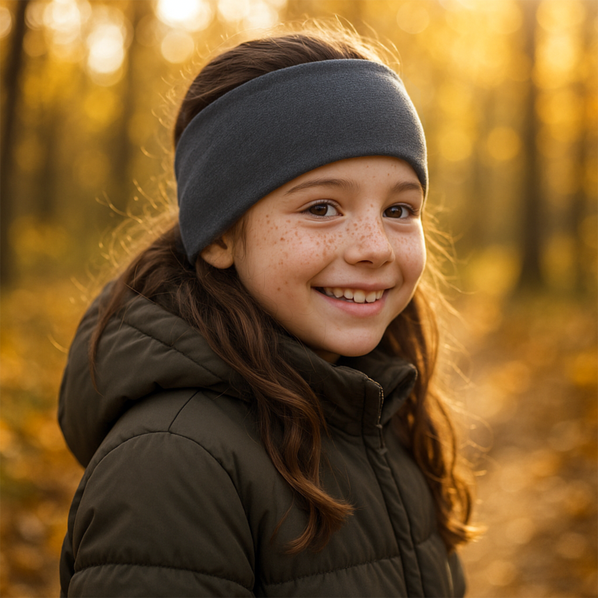 Wollhuhn Elastisches Öko Stirnband / Haarband SPORTFLEECE Zweilagig Breit Einfarbig Anthrazit