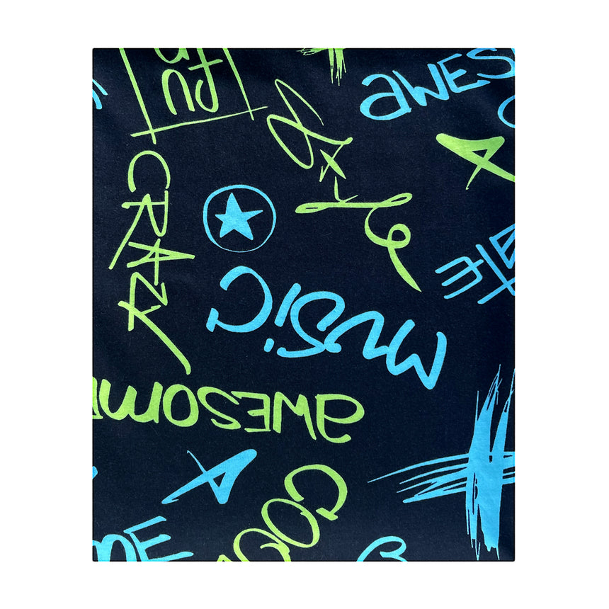 Wollhuhn LONG Loop, Jersey- oder Fleecefutter, Cool Music Schwarz: Dunkelblauer Schlauchschal mit elektrischen Graffiti-Motiven in Blau und Grün. Handgemacht, vielseitig für Kinder und Erwachsene.