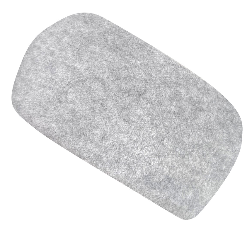 Wollhuhn Elastisches Öko Stirnband aus zweilagigem, hellgrauem Fleece. Handgemacht, weich und dehnbar, ideal für kalte Tage. Perfekt für Kinder und Erwachsene.