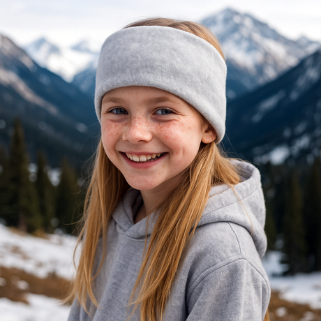 Mädchen mit langem Haar trägt Wollhuhn Elastisches Öko Stirnband, hellgrau, im verschneiten Gebirge, lächelt. Stirnband aus weichem, doppellagigem Öko-Fleece, perfekt für kalte Tage.