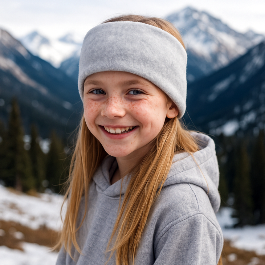 Mädchen mit langem Haar trägt Wollhuhn Elastisches Öko Stirnband, hellgrau, im verschneiten Gebirge, lächelt. Stirnband aus weichem, doppellagigem Öko-Fleece, perfekt für kalte Tage.