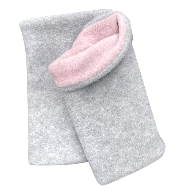 Wollhuhn WINTER Halstuch/Schlupfschal „Unser Wärmster“ aus doppellagigem Fleece, handgemacht in Hellgrau/Rosa, ideal für Kinder und Erwachsene, weich und winddicht.