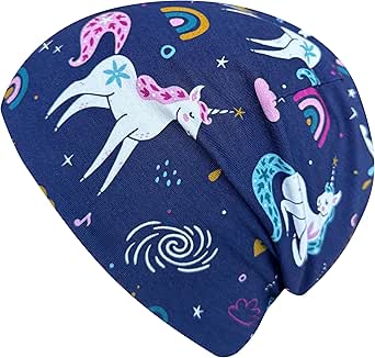 Wollhuhn Öko Shorties: Zweilagige, handgemachte Wendemütze mit Einhorn- und Galaxiemuster auf dunkelblauem Jersey. Bequem, dehnbar und ideal für aktive Kinder.