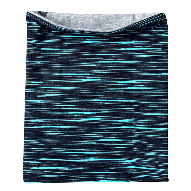 Wollhuhn LONG Loop Schal, handgemacht, mit Jersey- oder Fleecefutter, in schwarz/türkis gestreiftem Muster, bietet Komfort und Schutz für die ganze Familie.