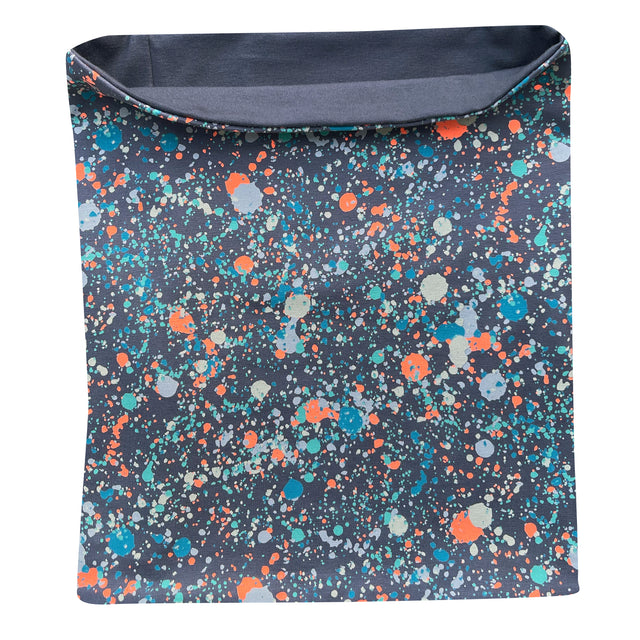 Wollhuhn LONG Loop, Jersey- oder Fleecefutter, Splatter Oliv/Bunt: Handgefertigter, vielseitiger Schal mit buntem Splatter-Design, ideal für Komfort und Schutz in jeder Jahreszeit.