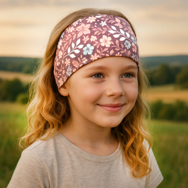 Mädchen trägt Wollhuhn Elastisches Öko Stirnband, zweilagig breit, mit Blumen/Blättern-Muster, ideal für Outdoor-Aktivitäten. Handgemacht aus Bio-Baumwolle, bequem und vielseitig.