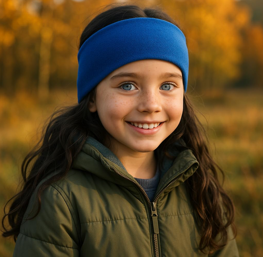 Mädchen trägt Wollhuhn elastisches Öko Stirnband SPORTFLEECE, zweilagig und breit, dunkelbraun, ideal für kalte Tage. Perfekt für Herbstspaziergänge und Sport.