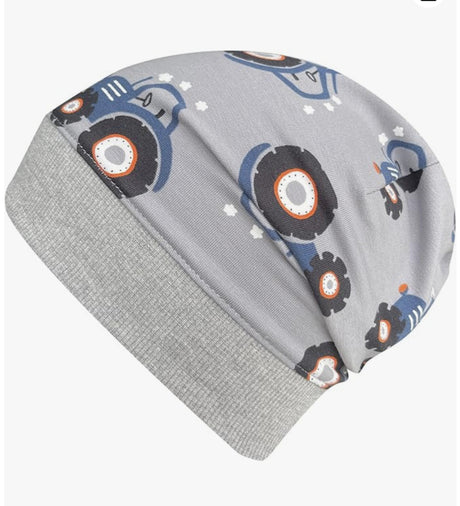 Wollhuhn Dünne Öko Beanie-Mütze Sommer/Übergang Einlagig Maxi Traktor/Trecker Grau: Handgemachte, dehnbare Kinderbeanie mit Traktor-Design, aus weichem Öko-Jersey, ideal für Kindergarten und Freizeit.
