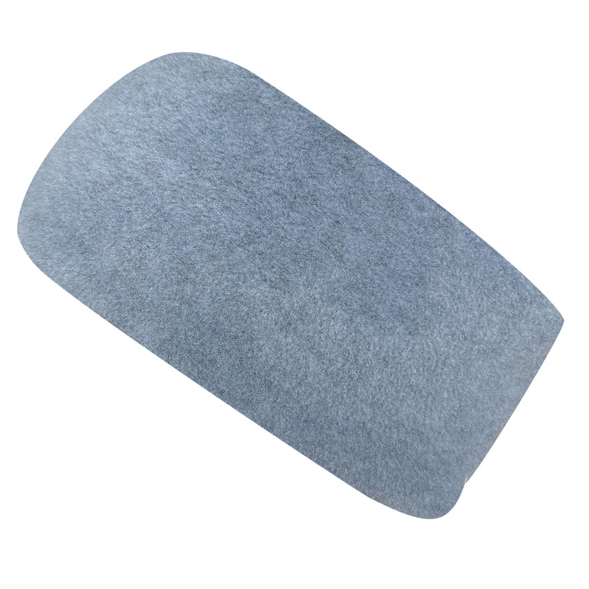 Graues, abgerundetes Rechteck aus Filzmaterial, symbolisiert das Wollhuhn Elastisches Öko Stirnband, zweilagig, ideal für kühles Wetter. Handgemacht in Deutschland.