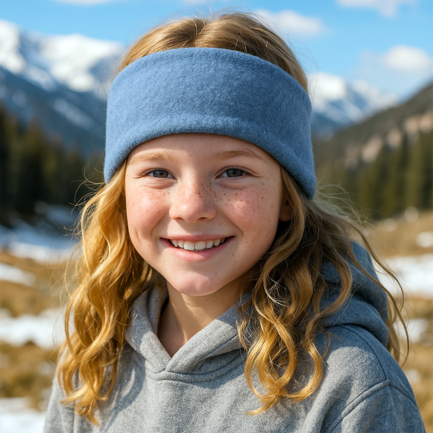 Mädchen trägt Wollhuhn Elastisches Öko Stirnband, zweilagig aus Fleece, in einem verschneiten Berglandschaft. Ideal für Windschutz und vielseitigen Einsatz.