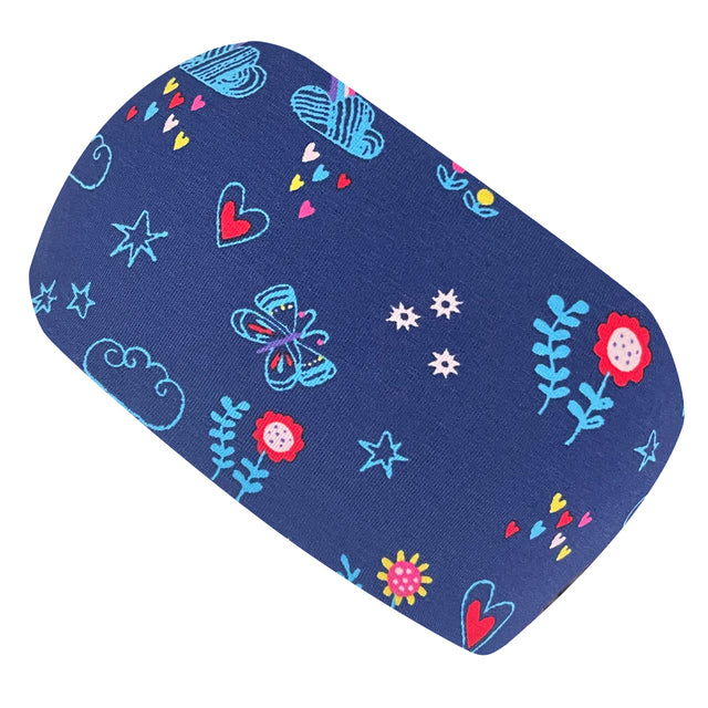 Wollhuhn Elastisches Öko Stirnband / Haarband Jersey Zweilagig Breit Dreamy Dunkelblau mit dezentem Muster, handgefertigt, weich, dehnbar, ideal für Freizeit und Sport.