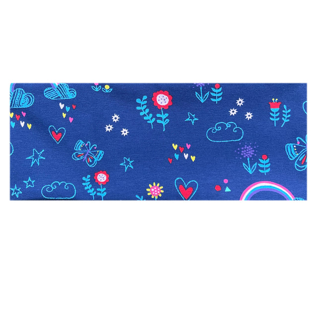 Wollhuhn Elastisches Öko Stirnband / Haarband Jersey Zweilagig Breit Dreamy Dunkelblau mit Blumen- und Herzmuster, handgefertigt, weich und dehnbar für vielseitigen Gebrauch.