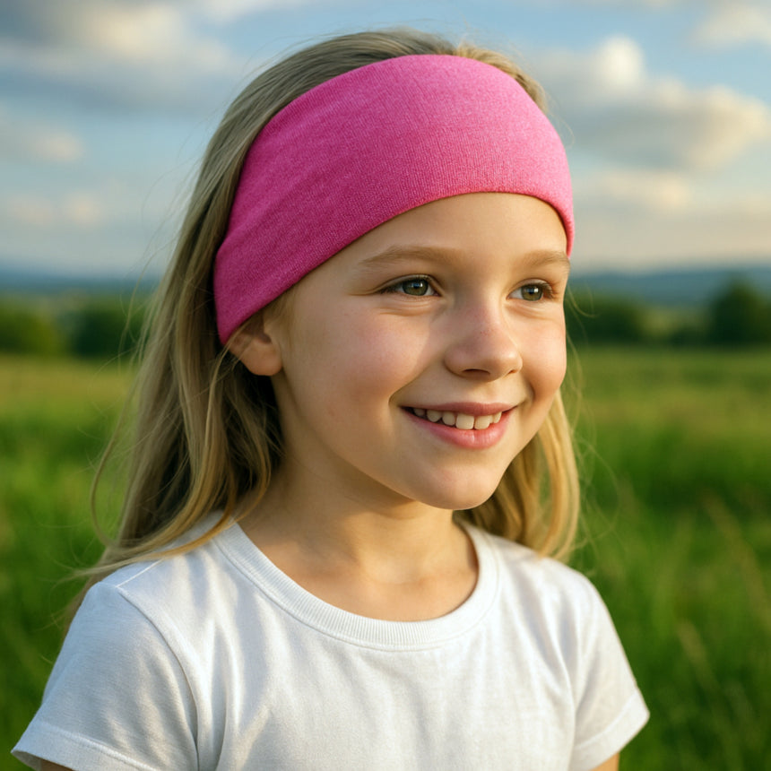 Mädchen trägt Wollhuhn Elastisches Öko Stirnband, Jersey zweilagig, breit, uni, in einem Feld, zeigt komfortable Passform und Vielseitigkeit für Outdoor-Aktivitäten.
