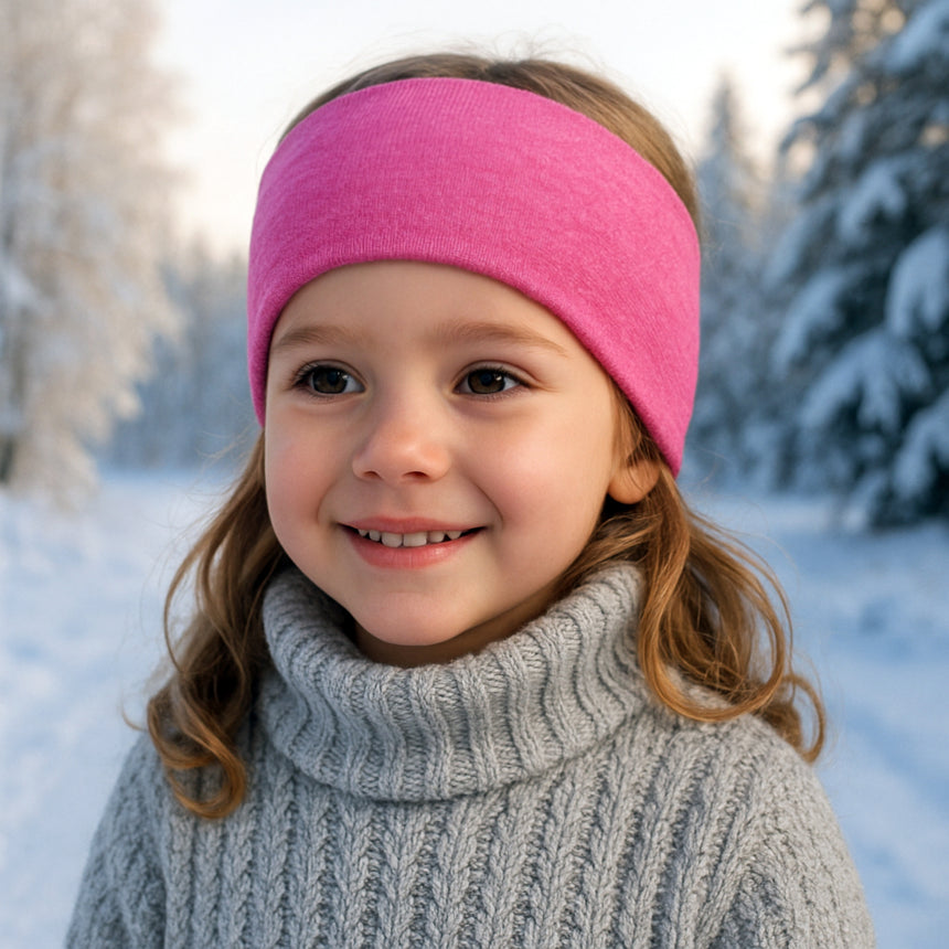 Mädchen mit Wollhuhn Elastisches Öko Stirnband, zweilagig, breit, Beere meliert, aus Bio-Baumwolle, handgemacht in Deutschland, ideal für Outdoor-Aktivitäten.