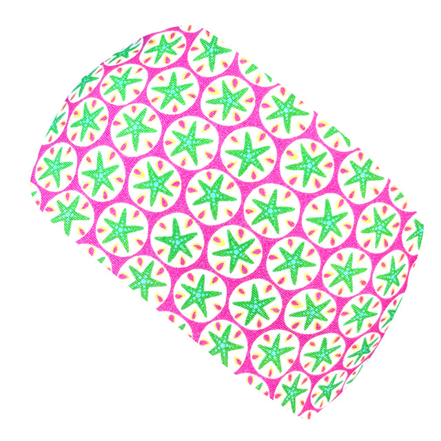 Wollhuhn Elastisches Öko Stirnband, Jersey zweilagig breit, mit rosa/grünen Blümchenmuster, handgemacht aus Bio-Baumwolle, ideal für Kinder und Erwachsene.