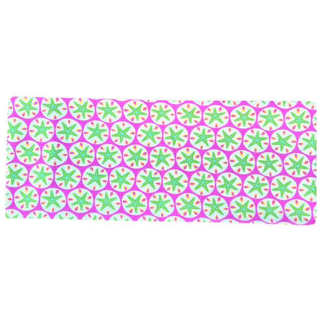 Wollhuhn Elastisches Öko Stirnband mit rosa-grünem Seesternmuster, handgefertigt aus weichem, dehnbarem Bio-Jersey, ideal für Outdoor-Aktivitäten und verschiedene Kopfgrößen.