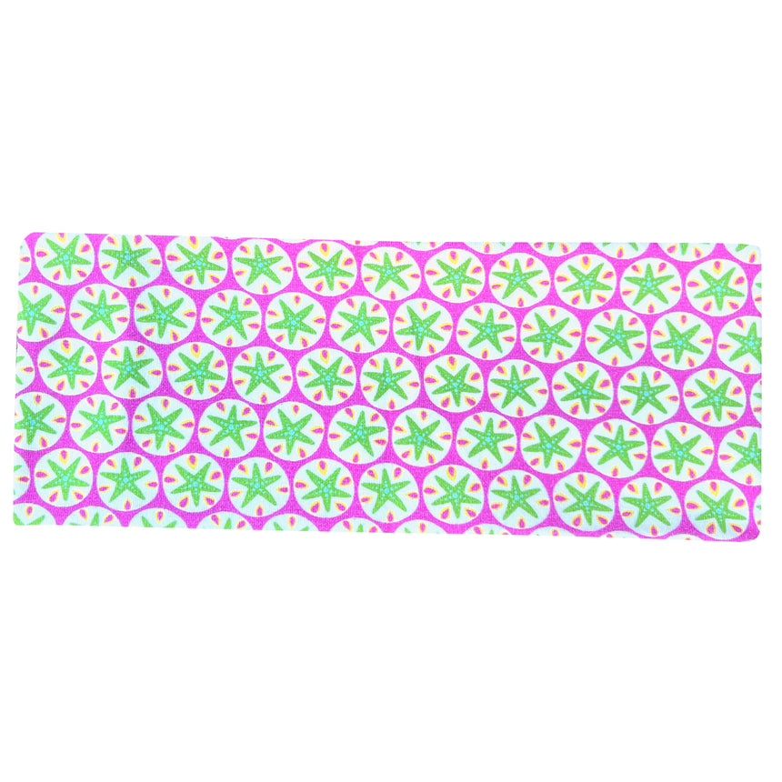 Wollhuhn Elastisches Öko Stirnband mit rosa-grünem Seesternmuster, handgefertigt aus weichem, dehnbarem Bio-Jersey, ideal für Outdoor-Aktivitäten und verschiedene Kopfgrößen.