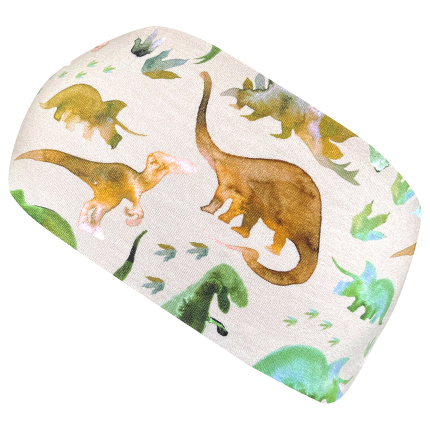 Wollhuhn Elastisches Öko Stirnband mit Dinosauriermotiv, handgemacht aus weichem, dehnbarem Jersey, ideal für Kinder und Erwachsene, geeignet für Outdoor-Aktivitäten und Helmunterlage.