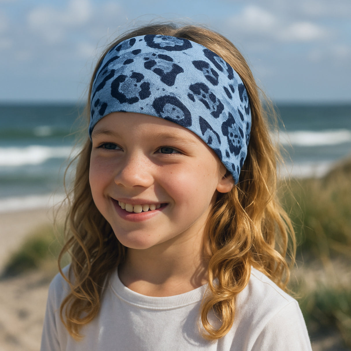 Wollhuhn Elastisches Öko Stirnband / Haarband Jersey Zweilagig Breit Leo Blau