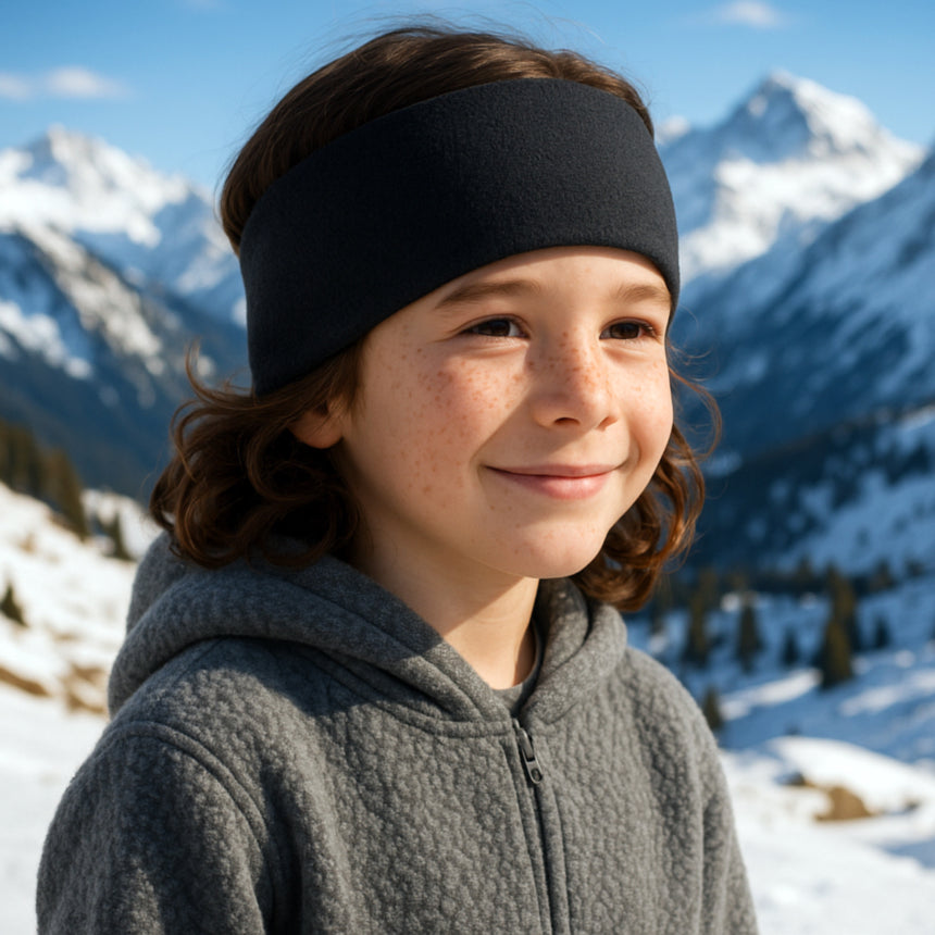Kind mit braunen, lockigen Haaren trägt ein Wollhuhn Elastisches Öko Stirnband SPORTFLEECE, zweilagig und dunkelblau, vor schneebedeckten Bergen.