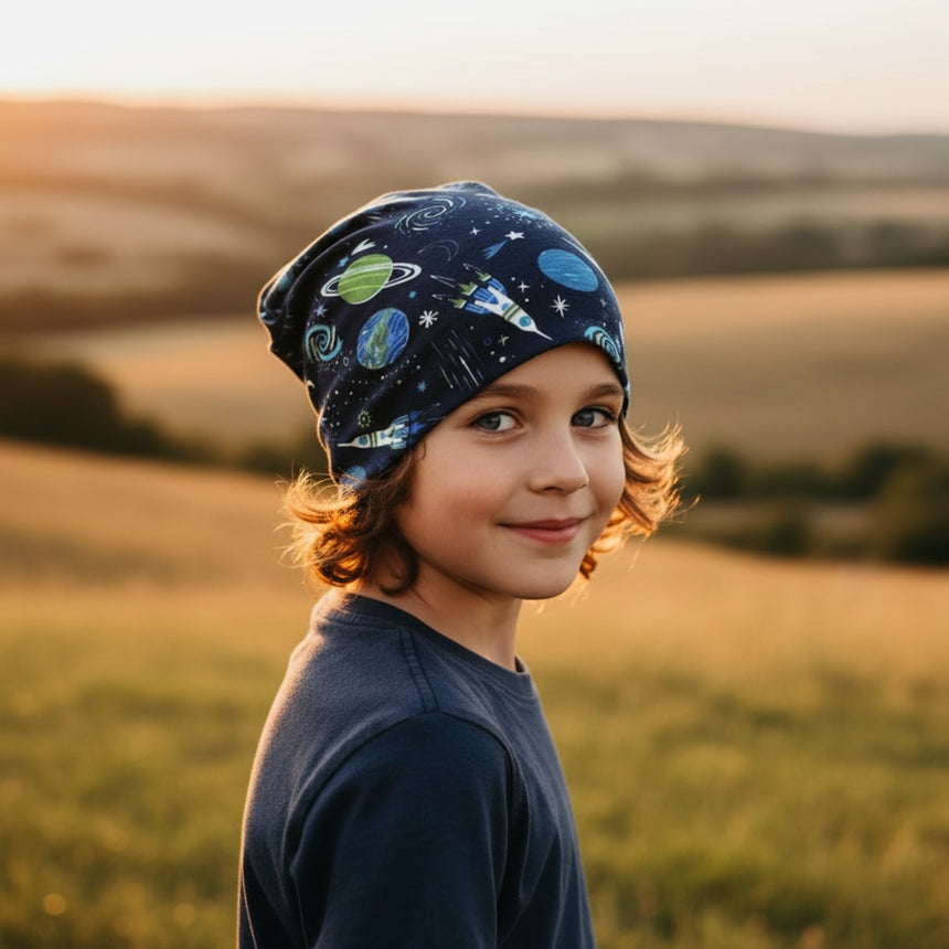 Junge trägt Wollhuhn Öko Long Beanie, zweilagig und wendbar, mit Weltraum-Motiven in der Abenddämmerung, für stilvollen, lässigen Look.