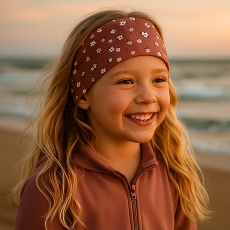 Mädchen am Strand trägt Wollhuhn Elastisches Öko Stirnband / Haarband Jersey Zweilagig Breit Minblümchen Braun, handgemacht, weich und vielseitig, ideal für Outdoor-Aktivitäten.
