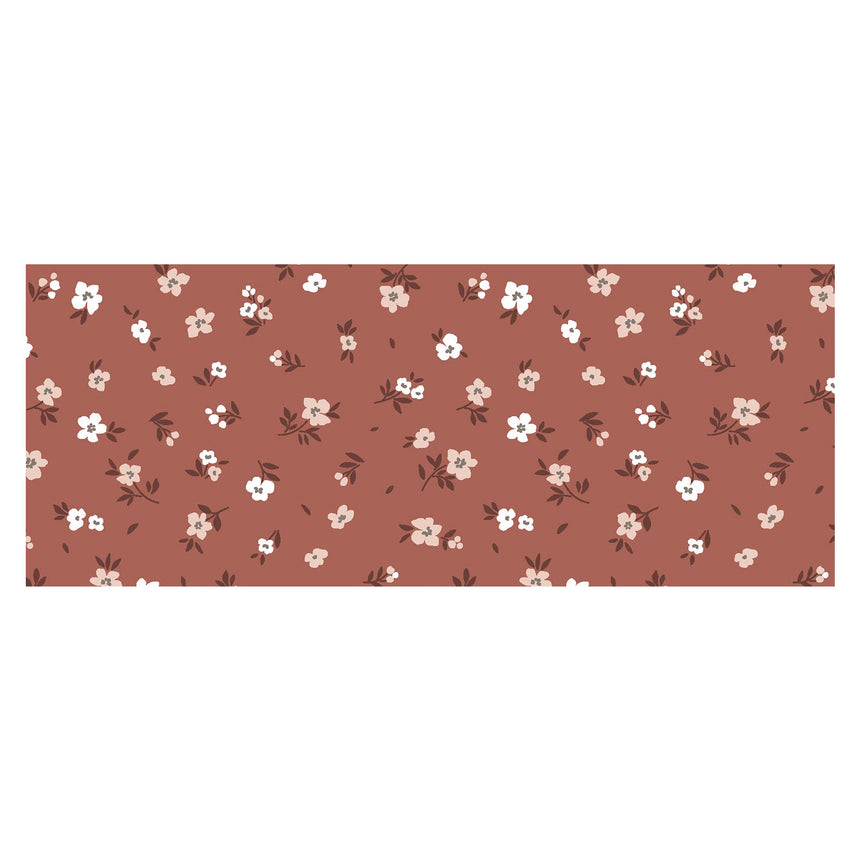 Wollhuhn Elastisches Öko Stirnband/Haarband Jersey Zweilagig Breit Miniblümchen Braun, handgemacht aus weichem, dehnbarem Bio-Baumwollstoff mit floralem Muster. Ideal für vielseitige Nutzung.