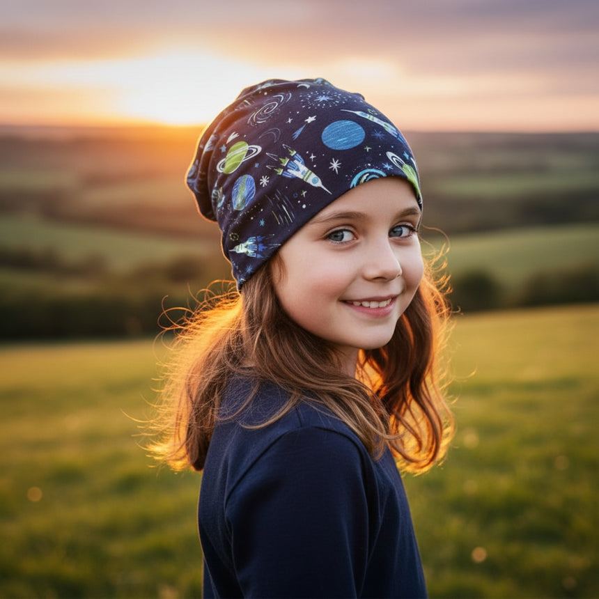 Mädchen mit Wollhuhn Öko Long Beanie, Wendemütze, zweilagig in Space/Rakete Dunkelblau, lächelt im Sonnenuntergang auf einer Wiese. Ideal für Komfort und Stil.