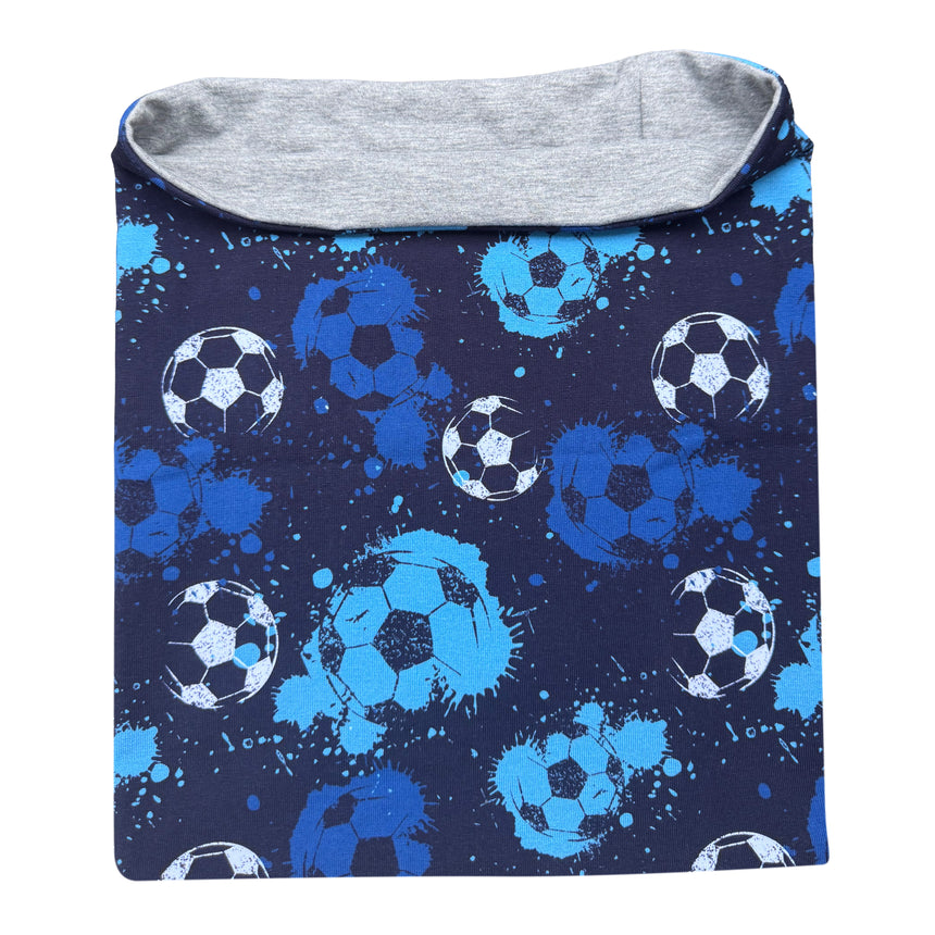 Wollhuhn LONG Loop, dehnbarer Schlauchschal mit Fußball- und Farbspritzmotiven, extra lang für Kinder und Erwachsene, wendbar mit Jersey- oder Fleecefutter.