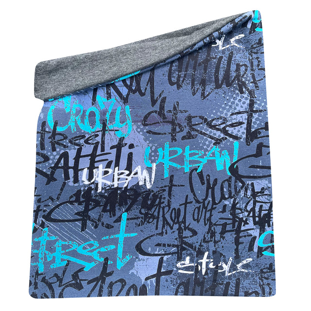 Wollhuhn LONG Loop, Jersey- oder Fleecefutter, Skater Blau, handgemachter Loop-Schal mit Schriftzug, bietet Komfort und Schutz, ideal für alle Wetterbedingungen.