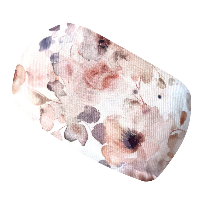 Wollhuhn Elastisches Öko Stirnband, zweilagig, mit zartem Aquarellblumenmuster, handgemacht aus weichem Jersey, ideal für vielseitigen, komfortablen Alltagsgebrauch.