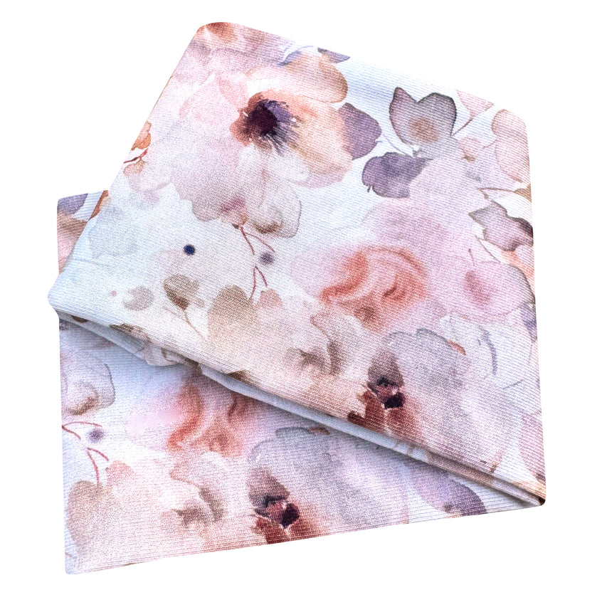 Wollhuhn Elastisches Öko Stirnband/Haarband, zweilagig, mit Aquarellblumenmuster, handgemacht aus weicher Bio-Baumwolle, ideal für vielseitige, komfortable Nutzung.