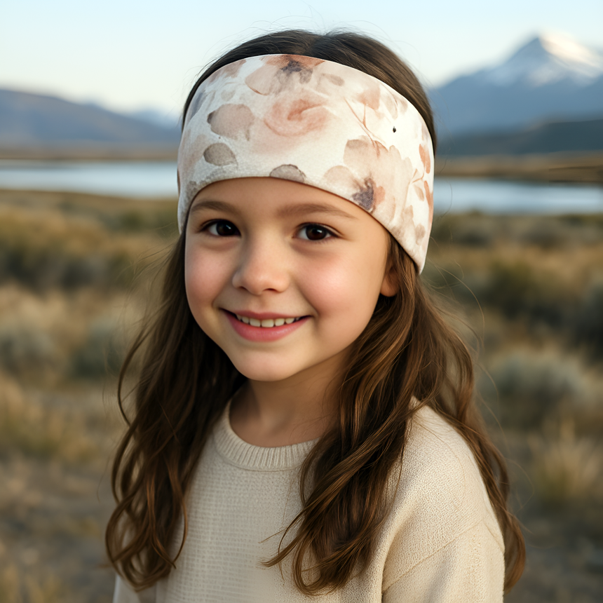 Mädchen lächelt mit Wollhuhn Elastisches Öko Stirnband aus Jersey, zweilagig und breit, ideal für Schule und Freizeitaktivitäten.