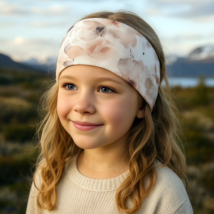Mädchen trägt Wollhuhn Elastisches Öko Stirnband, Jersey zweilagig, breit, ideal für Outdoor-Aktivitäten, von Hand gefertigt in Deutschland.