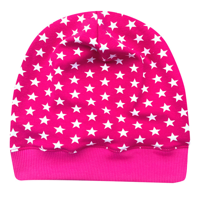Wollhuhn Dünne Öko Beanie-Mütze mit weißen Sternen auf pinkem Grund, handgemacht aus weichem Öko-Jersey, ideal für Übergangszeiten.