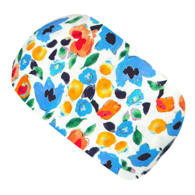 Nahaufnahme eines handgemachten Wollhuhn Elastisches Öko Stirnbands/Haarbands, zweilagig, mit Blumenmuster. Hergestellt aus weichem, dehnbarem Bio-Jersey, ideal für vielseitigen Einsatz.