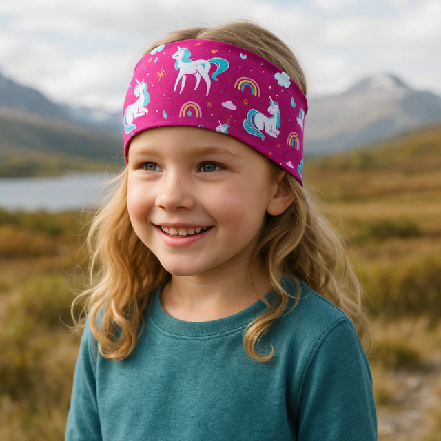 Mädchen trägt Wollhuhn Elastisches Öko Stirnband/Haarband Jersey Zweilagig Breit Einhörner Beere; handgemacht, weich, dehnbar, ideal für Outdoor-Aktivitäten und unter Helmen.