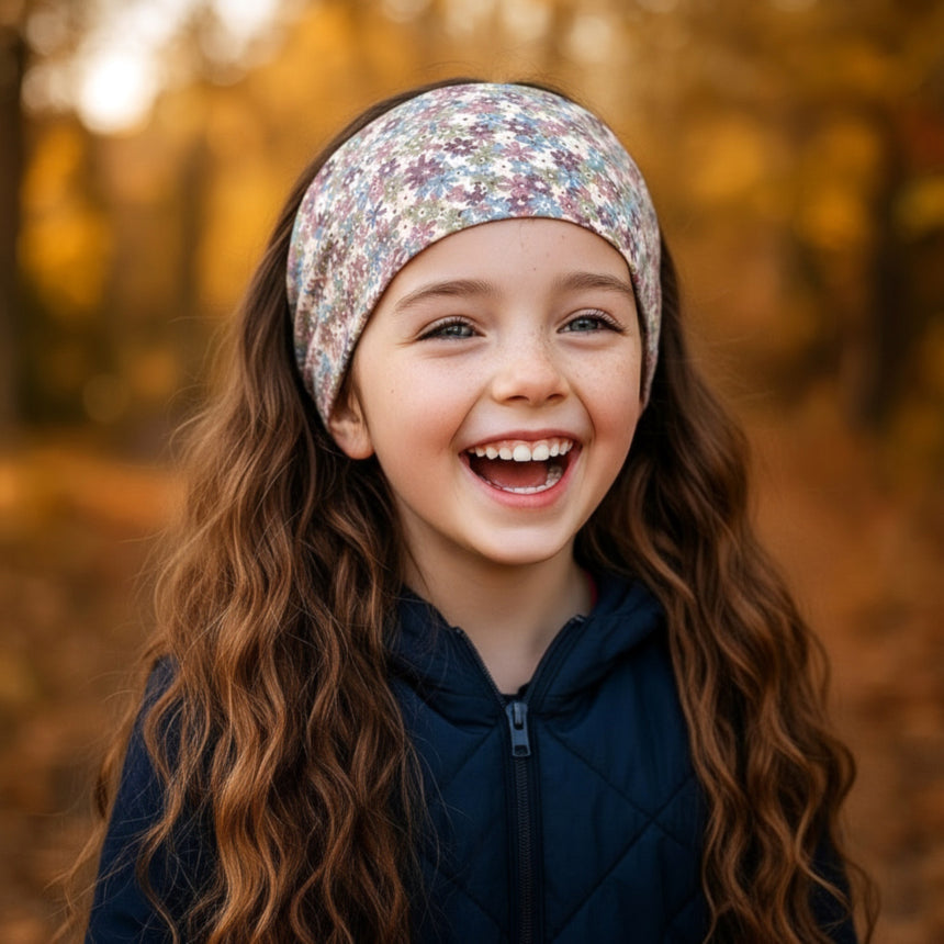 Mädchen trägt Wollhuhn Elastisches Öko Stirnband, lacht draußen im Herbstlicht. Zweilagig, weich, geeignet für Aktivitäten, handgemacht in Deutschland.