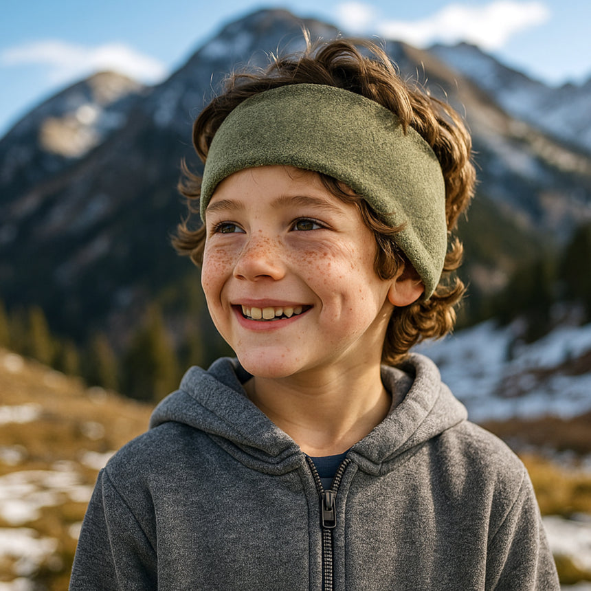 Ein Junge trägt das Wollhuhn Elastisches Öko Stirnband, zweilagig aus Fleece, ideal für kalte Tage, beim Lächeln in einer Berglandschaft.