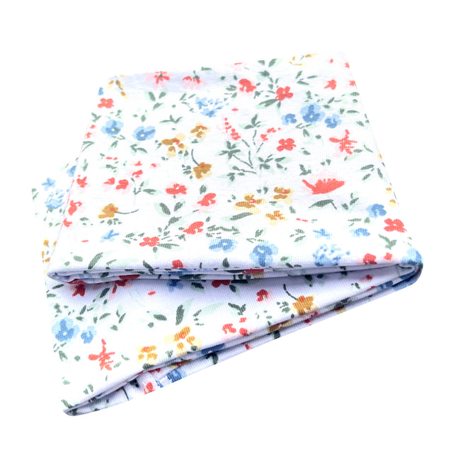 Wollhuhn Elastisches Öko Stirnband: Handgenähtes, zweilagiges Jersey-Stirnband mit buntem Blumenmuster, ideal für Kinder und Erwachsene, aus nachhaltiger Bio-Baumwolle.