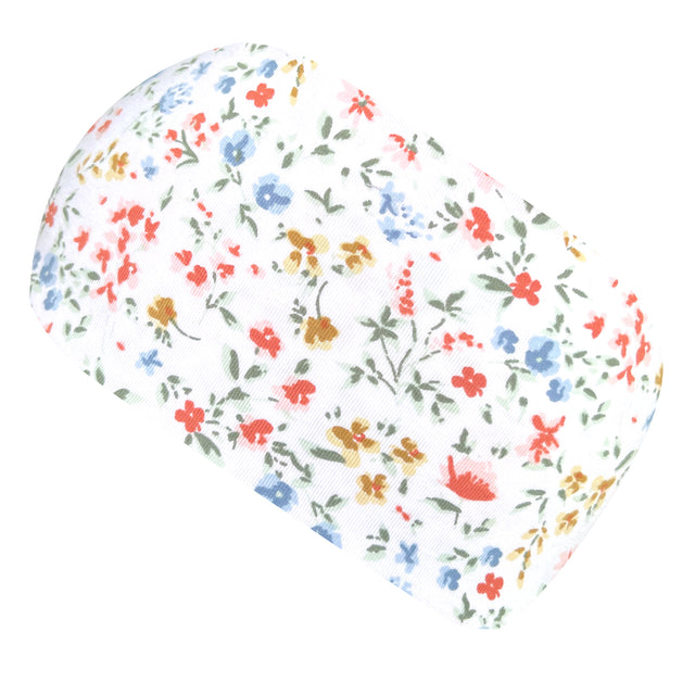 Wollhuhn Elastisches Öko Stirnband: Weißes Jersey-Stirnband mit bunten Blumen, handgenäht, hautfreundlich, für Kinder und Erwachsene, ideal für Alltag und Sport.