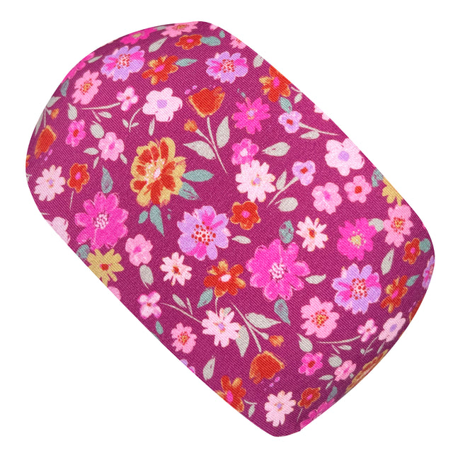 Wollhuhn Elastisches Öko Stirnband: Handgenähtes, zweilagiges Jersey-Stirnband mit pink-rotem Blumenmuster, hautfreundlich und dehnbar, ideal für Kinder und Erwachsene.