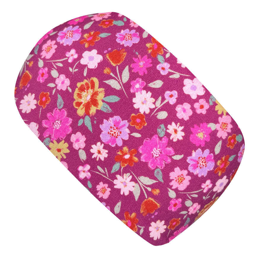 Wollhuhn Elastisches Öko Stirnband: Handgenähtes, zweilagiges Jersey-Stirnband mit pink-rotem Blumenmuster, hautfreundlich und dehnbar, ideal für Kinder und Erwachsene.
